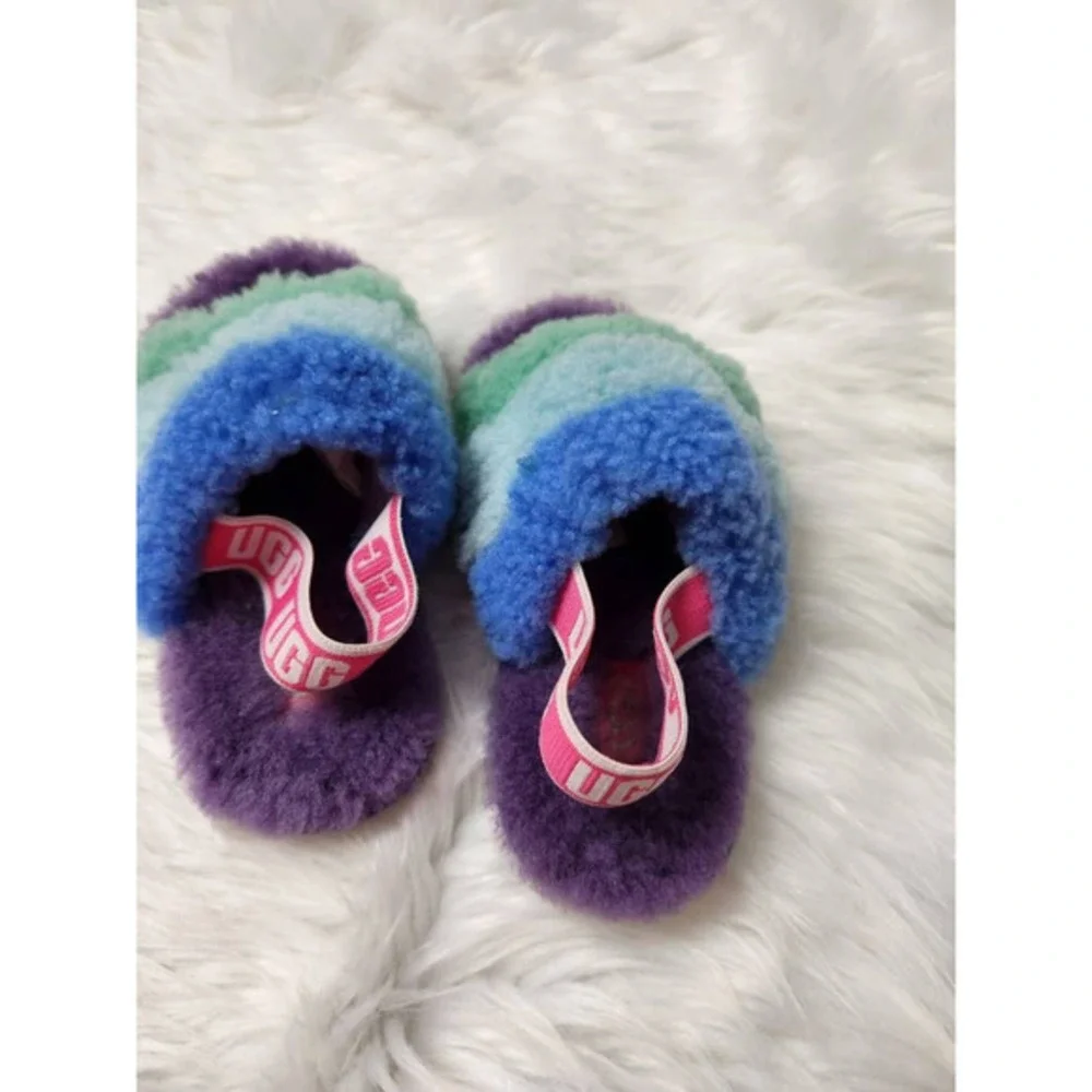 UGG Girls Fluff Yeah Slide Slipper‎ Multi-Color Back Strap Fur Trim Slip On 8